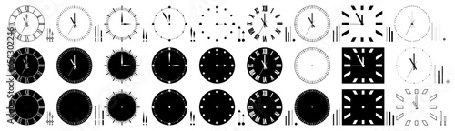 black and white silhouettes of clocks on a transparent background. Vector illustration