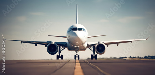 Avion de ligne biréacteur vue de face aligné sur la piste d’atterrissage juste avant son décollage photo