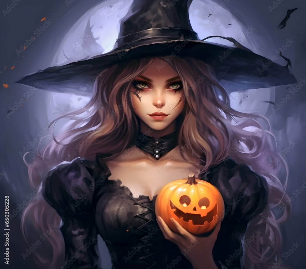 Photo Spooky 3D Witch Girl illustration for Halloween day with evil face pumpkin generative Photo Spooky 3D Witch Girl illustration for Halloween day with evil face pumpkin generative