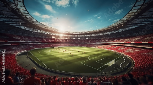 Stadium, dramatic shot with sunset background and fisheye lens. Sports, soccer stadium. © best stock