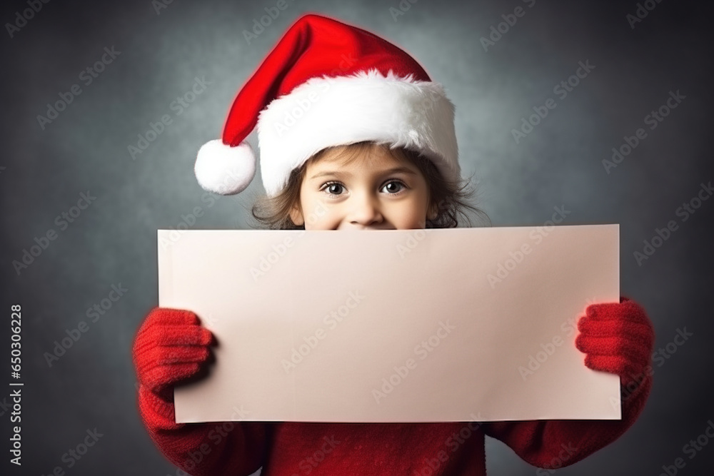 baby in red Santa suit with Santa hat holding white blank card. Christmas banner, advertising background, copy space. baby in red Santa suit with Santa hat holding white blank card. Christmas banner, advertising background, copy space.