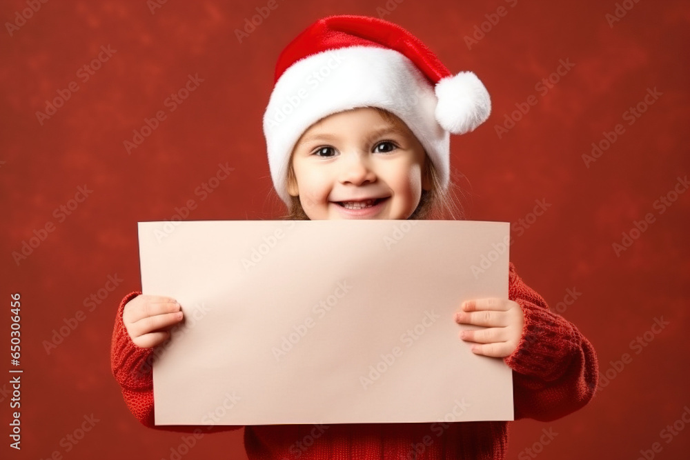 baby in red Santa suit with Santa hat holding white blank card. Christmas banner, advertising background, copy space. baby in red Santa suit with Santa hat holding white blank card. Christmas banner, advertising background, copy space.