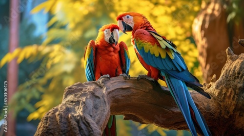 Colorful macaws perched on a tree © Zemon