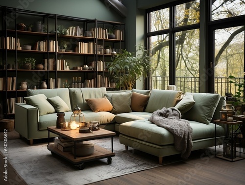 Light green and dark gray living room with many furniture generative ai © tanjidvect