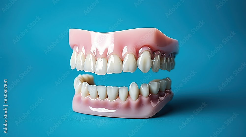 Obraz premium 3D denture mockup with light blue background. Dentistry, dental health banner, copy space.