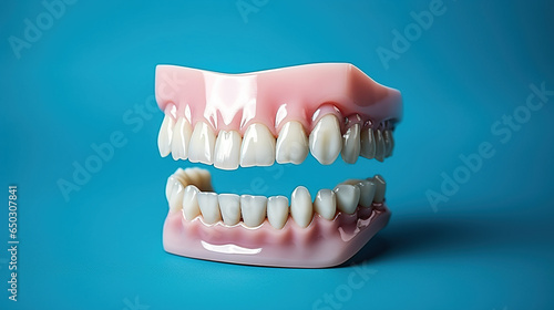 3D denture mockup with light blue background. Dentistry, dental health banner, copy space.