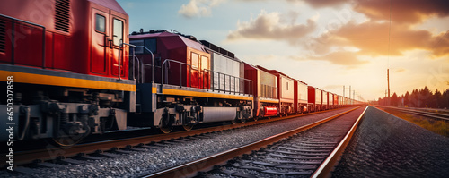 Freight train transporting cargo railroad tracks view background with empty space for text 