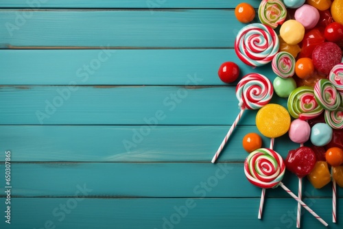 Scattered Assortment of Colourful Candies.
A whimsical mix of colourful candies and lollipops scattered on blue.