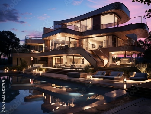 Modern luxury exterior house with pool generative ai © tanjidvect