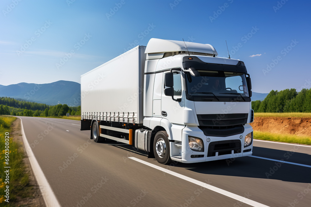 Refrigerated truck on highway transporting perishables background with empty space for text 