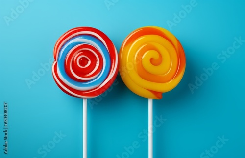 Photo of two colourful lollipops  together on a plain blue background created with Generative AI technology