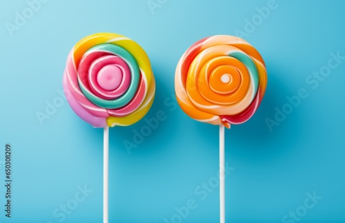 Photo of two colourful lollipops  together on a plain blue background created with Generative AI technology