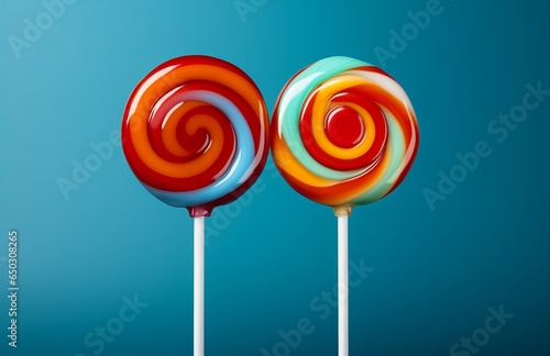 Photo of two colourful lollipops  together on a plain blue background created with Generative AI technology