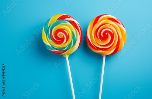 Photo of two colourful lollipops  together on a plain blue background created with Generative AI technology