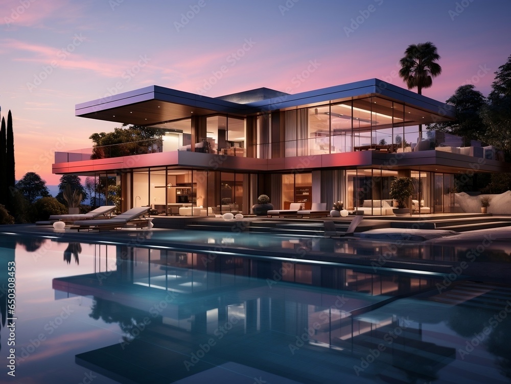 Fototapeta premium Modern luxury exterior house with pool generative ai