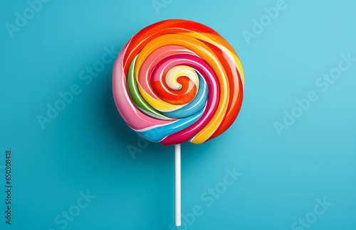 Photo of a vibrant and delicious lollipop against a vibrant blue backdrop created with Generative AI technology