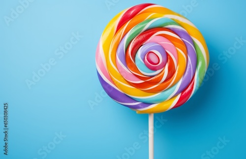 Photo of a vibrant and delicious lollipop against a vibrant blue backdrop created with Generative AI technology