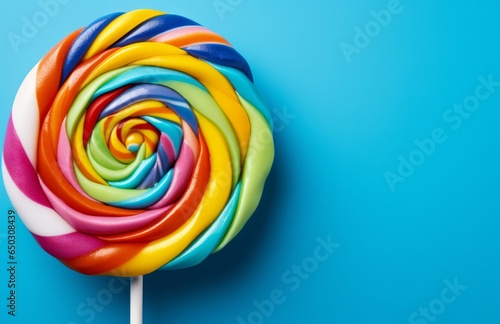 Photo of a vibrant and delicious lollipop against a vibrant blue backdrop created with Generative AI technology