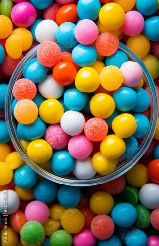 Vivid Sweets Variety in Glass Bowl.
Glass bowl overflowing with a variety of bright, colourful candies.