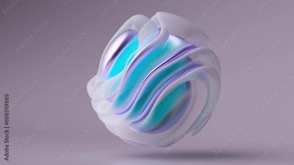 3d render abstract art video animation of surreal alien ball sphere in curve wavy spiral lines forms in transformation deformation process in white translucent plastic with liquid metallic soft parts