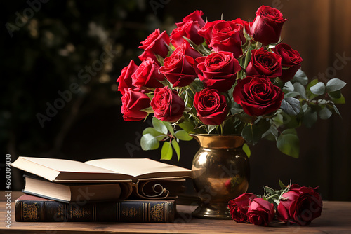Vintage books and a bouquet of red roses