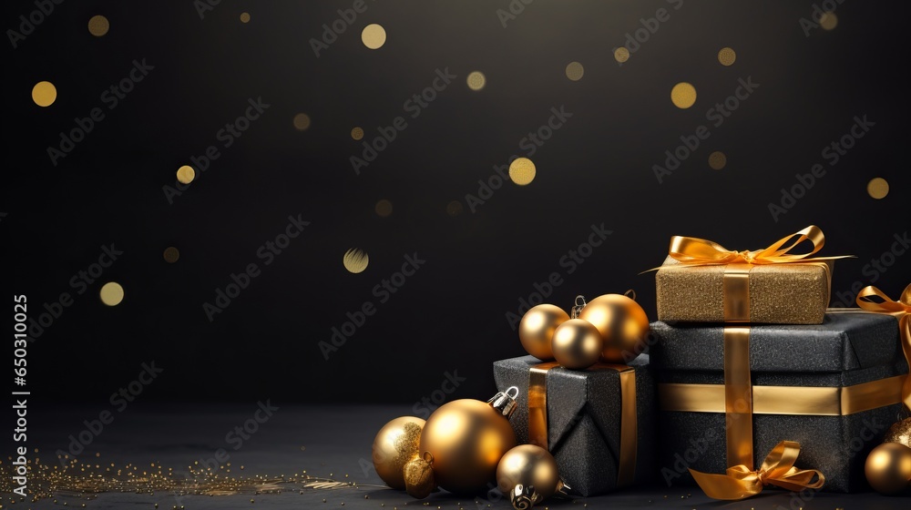 Fototapeta premium christmas background with gold decorations and gift boxes,