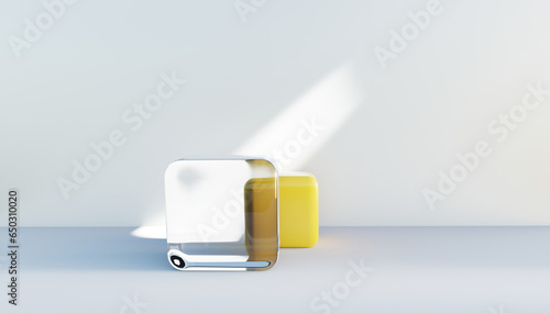 Geometric product presentation pedestal. A game of shapes and bright colors created by acrylic glass. Scene for beauty products, decorations, makeup and accessories. 3d.