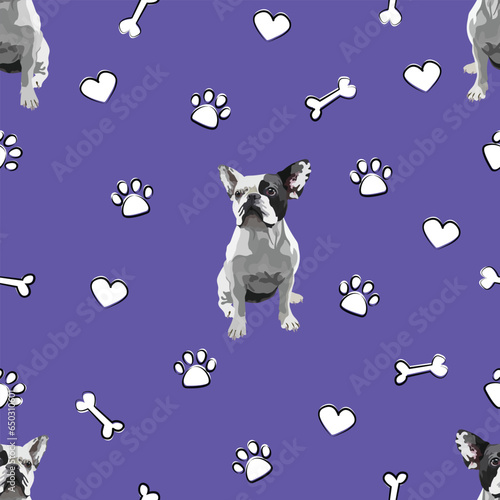 French Bulldog seamless pattern with dogs, bones, hearts, and paws on a playful violet background. Holiday texture with mixed-breed dog in one color, line art style, white dog icons, fun wallpaper.