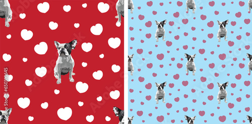 2 Saint Valentine wallpaper with hearts and dog mascots. French Bulldog Drawing seamless square pattern, holiday texture. Packaging, textile, decoration, blue wrapping paper. Love design. Red, blue.