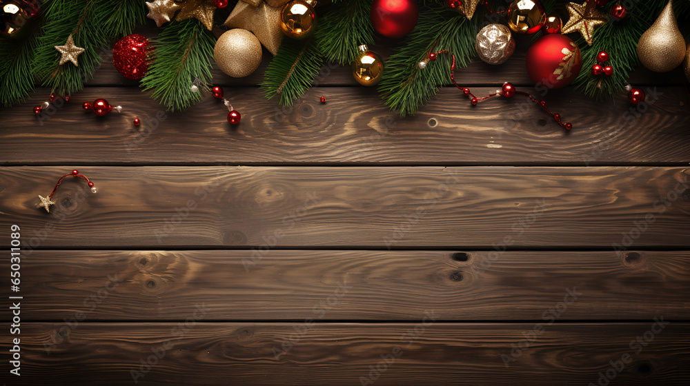 Christmas decorations and gifts on a  wooden background.. Christmas frame, banner mockup, greeting card design.