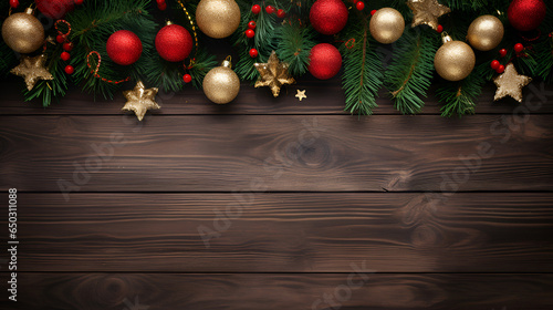 Christmas decorations and gifts on a wooden background.. Christmas frame, banner mockup, greeting card design.
