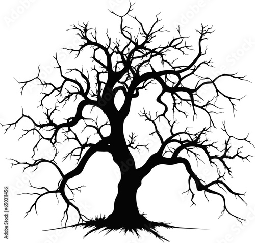 Black silhouette of a gnarled dry tree on a white background. A tree without leaves. Lifeless witchcraft gloomy tree. Halloween graveyard driftwood. Druids, goblin and witches. Vector illustration.