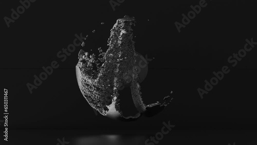 3d render of monochrome black and white abstract art video animation with surreal particles small metallic balls substance deform in sphere shape with glowing core light inside on dark grey background
