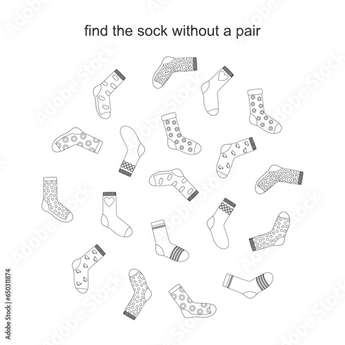 Matching socks game. Puzzle find pair. Preschool children educational worksheet activity.Find the only sock without a pair? Socks on laundry rope. Match sock patterns vector.   Black and white 