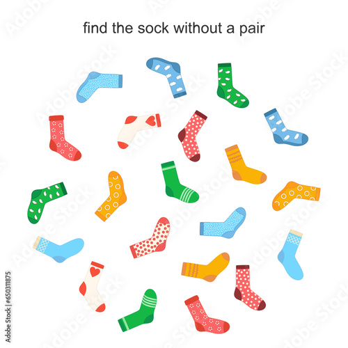Matching socks game. Puzzle find pair. Preschool children educational worksheet activity.Find the only sock without a pair? Socks on laundry rope. Match sock patterns vector.  