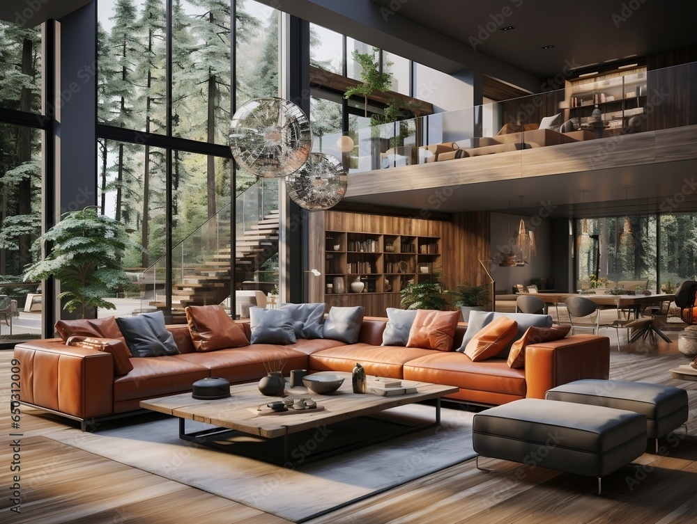 3d modern urban wooden interior living room generative ai