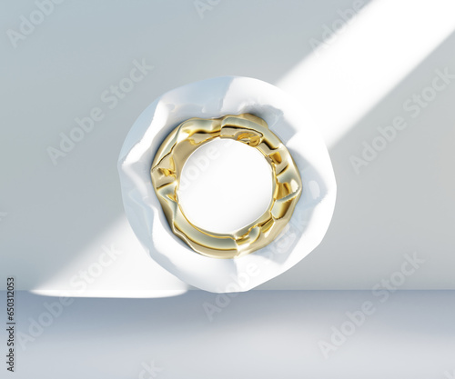 3d render, abstract geometric torus shape, cracked surface with hole. Split object isolated on white background. Minimal design.