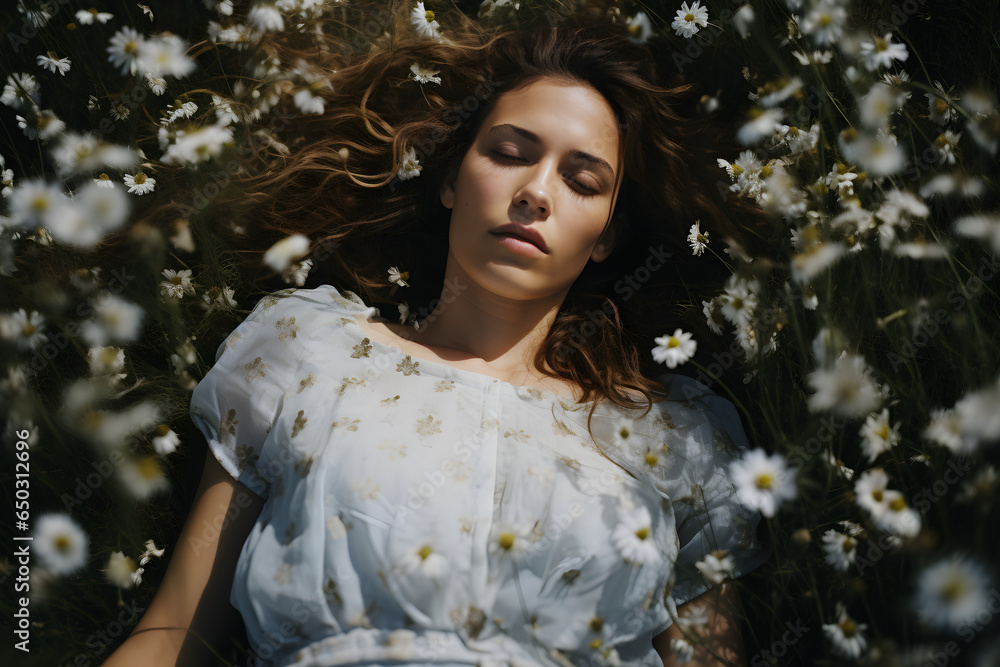 portrait of a woman sleeping in flower garden, Generative AI