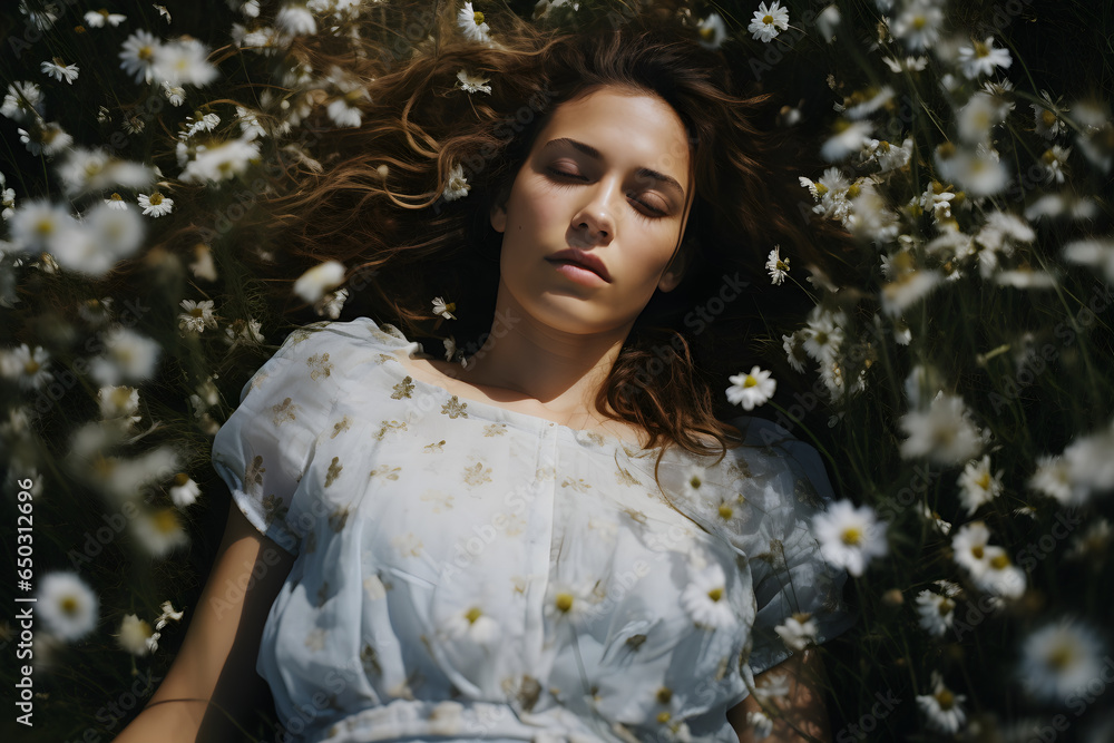 portrait of a woman sleeping in flower garden, Generative AI portrait of a woman sleeping in flower garden, Generative AI