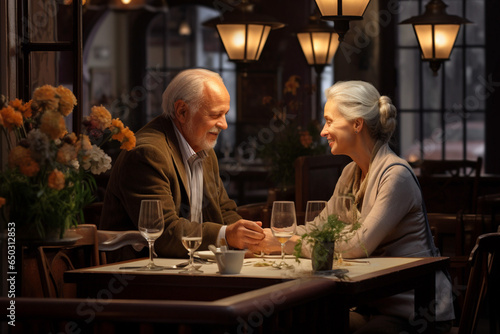 Elderly couple spending evening in luxurious restaurant with historical architecture and candlelight. Old Money Aesthetic. Banner.