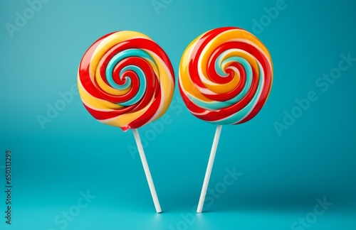 Photo of two colourful lollipops  together on a plain blue background created with Generative AI technology