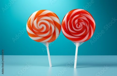 Photo of two colourful lollipops  together on a plain blue background created with Generative AI technology