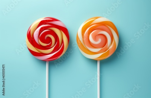 Photo of two colourful lollipops  together on a plain blue background created with Generative AI technology