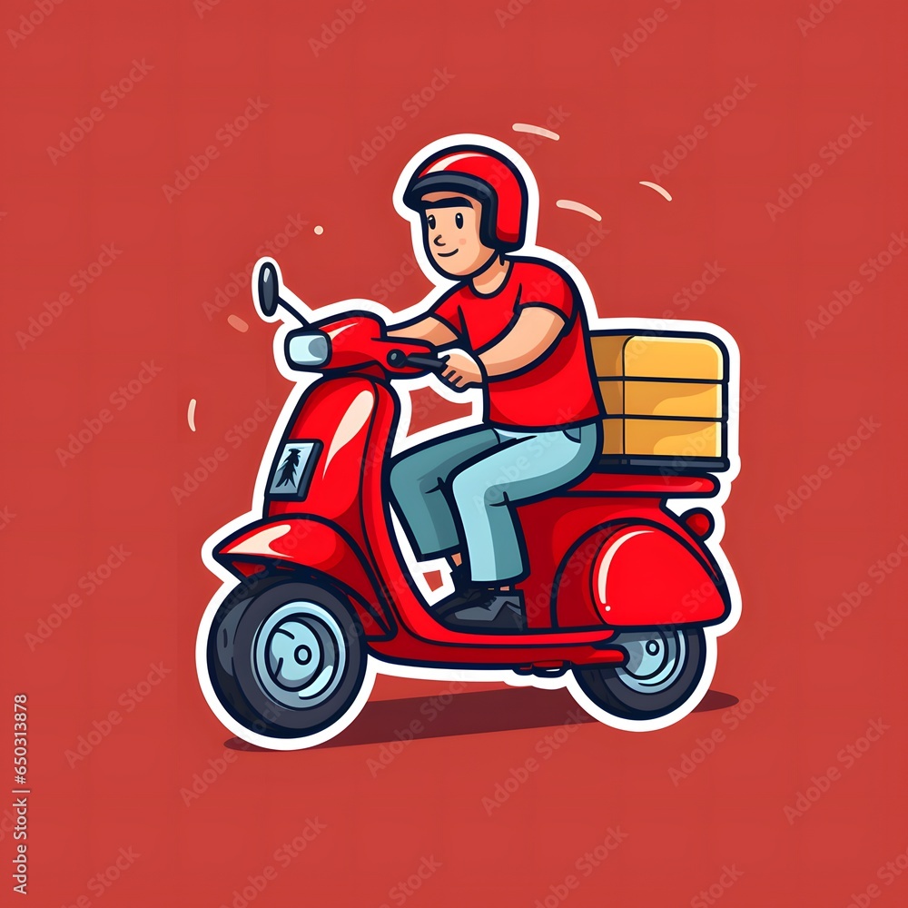 Flat vector of delivery man riding on a red scooter Flat vector of delivery man riding on a red scooter