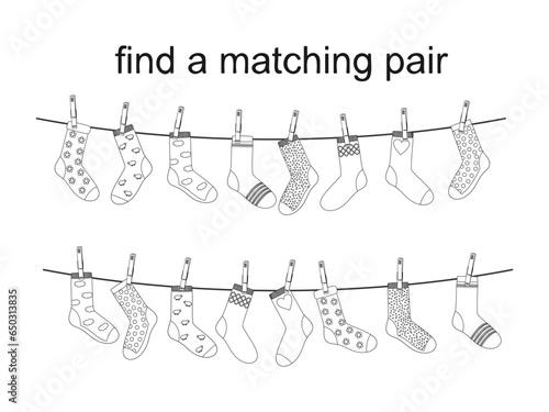 Matching socks game. Puzzle find pair. Preschool children educational worksheet activity. Socks on laundry rope. Match sock patterns vector. Game matching sock, match different illustration