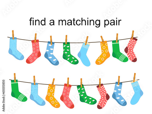 Matching socks game. Puzzle find pair. Preschool children educational worksheet activity. Socks on laundry rope. Match sock patterns vector. Game matching sock, match different illustration