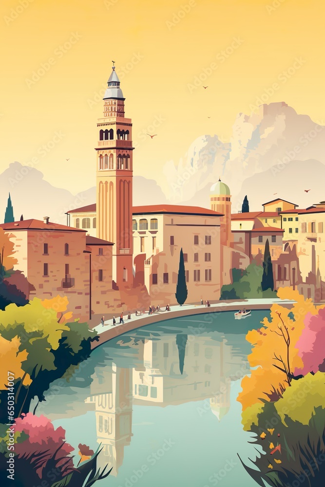 Vintage Verona Landscape Poster in Vector Style with Flat Colors, Generative AI