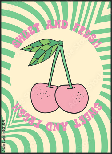 Groovy retro poster. Hippie style background. Groovy cherry. 60s and 70s style. Psychedelic funky abstract. Groovy poster template. Nostalgia for the 70s.
