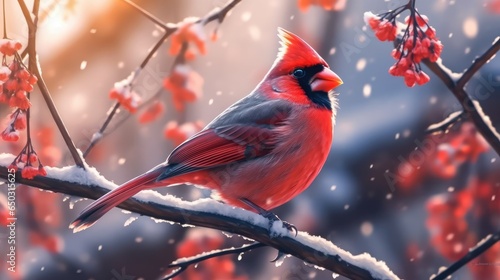 Cardinal on a snowy treebranch © Zemon
