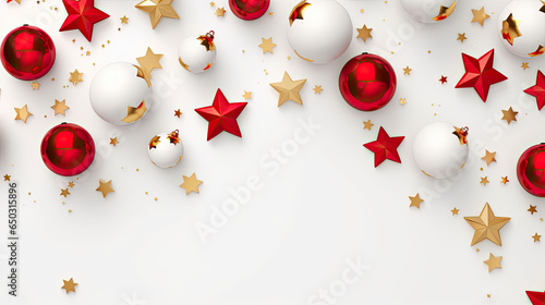 Weihnachtlicher Hintergrund / Wallpaper mit Christbaumkugeln und Sternen (Hintergrund hell, Sterne Kugeln Gold, Silber, Rot)